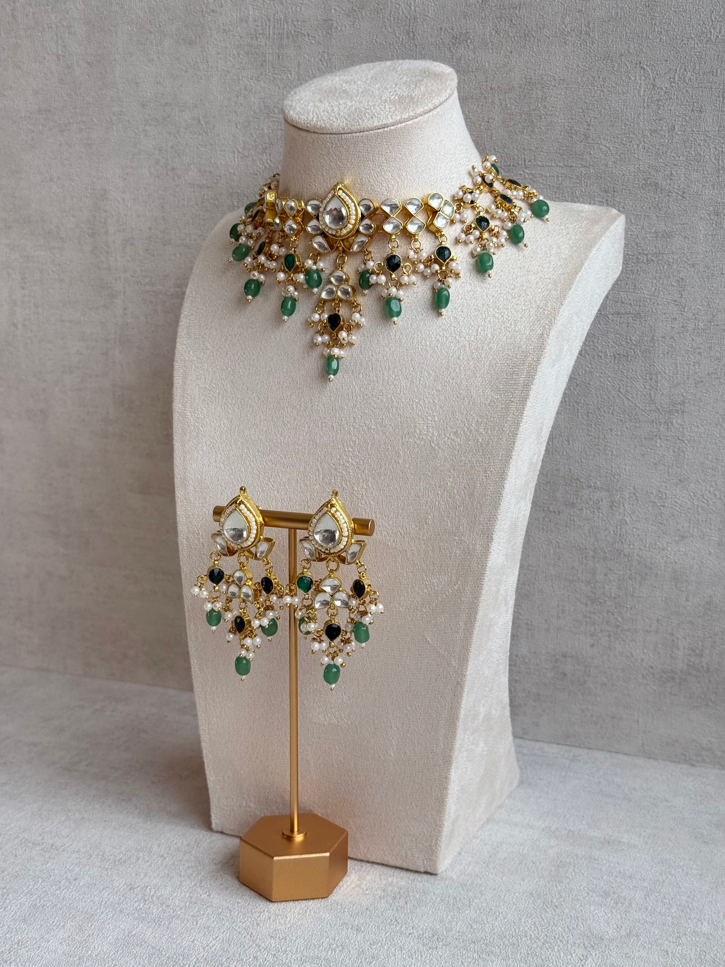 Ayura Designs Naksh Kundan Choker Set with Earrings & Emerald Green Bead Detailing