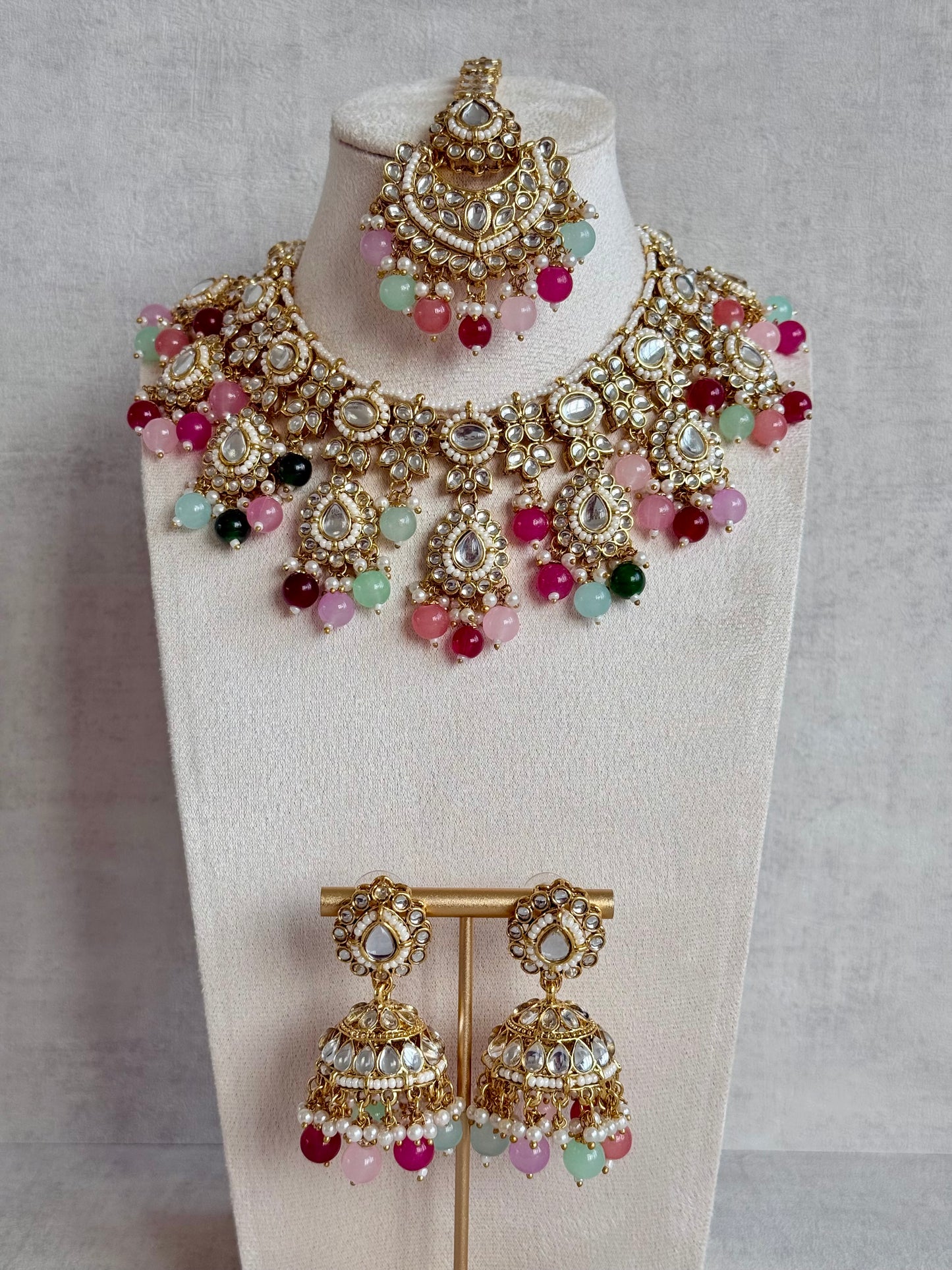 Ayura Designs Iyla Set with Necklace, Earrings & Tikka – Kundan Detailing, Ivory Pearl Drops & Multicolour Beads