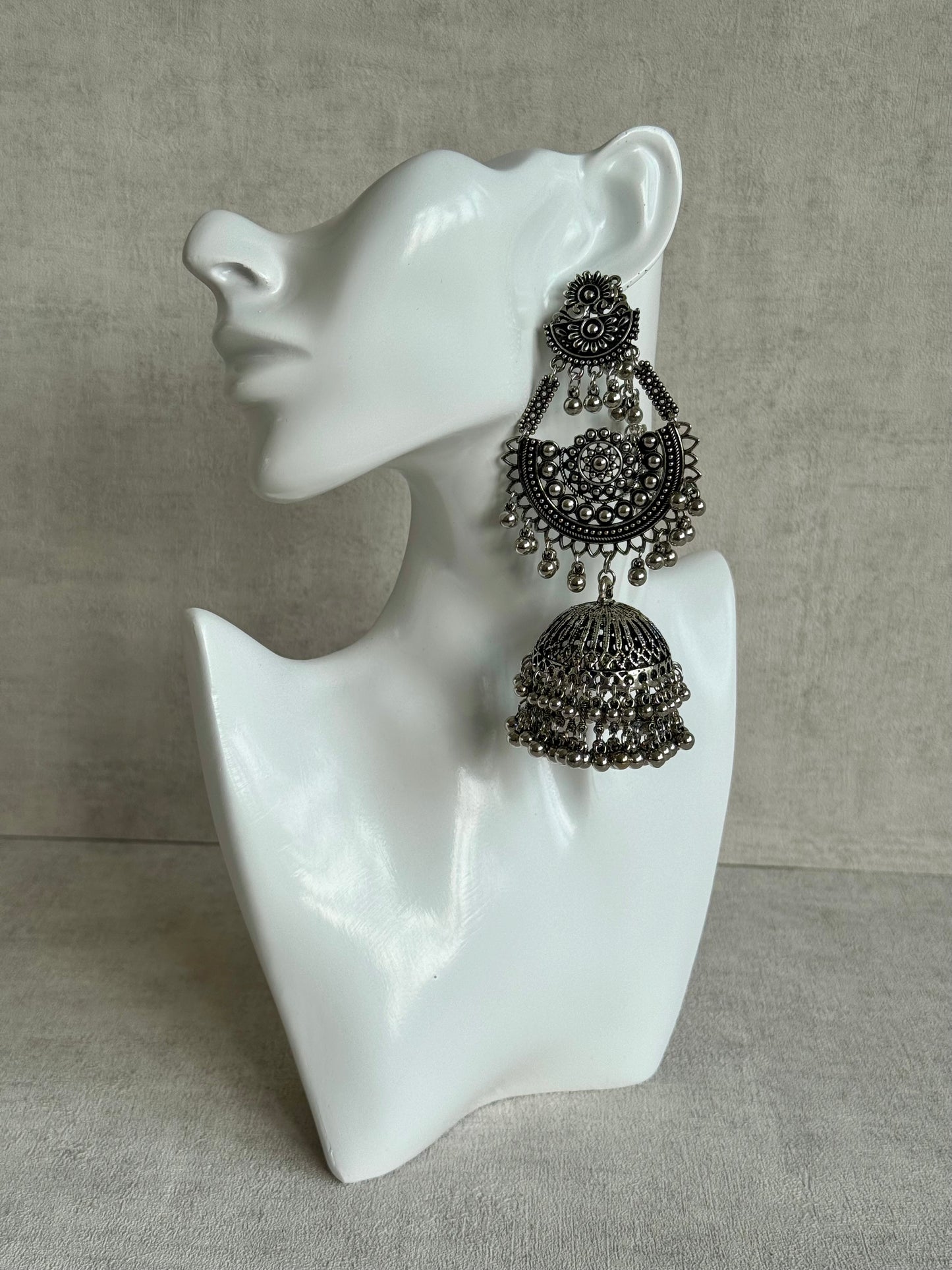 Ayura Designs Jhoomar Jhumkis – Oxidised Silver Earrings with Tribal Motifs, Ghungroos & Sahare