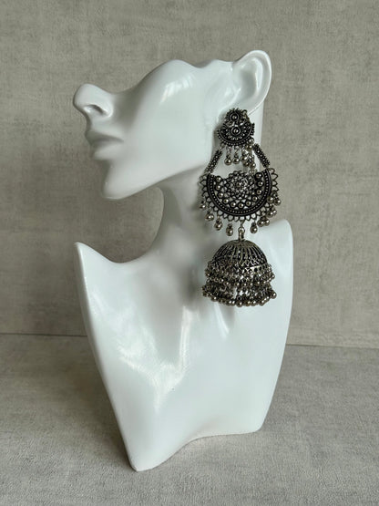 Ayura Designs Jhoomar Jhumkis – Oxidised Silver Earrings with Tribal Motifs, Ghungroos & Sahare