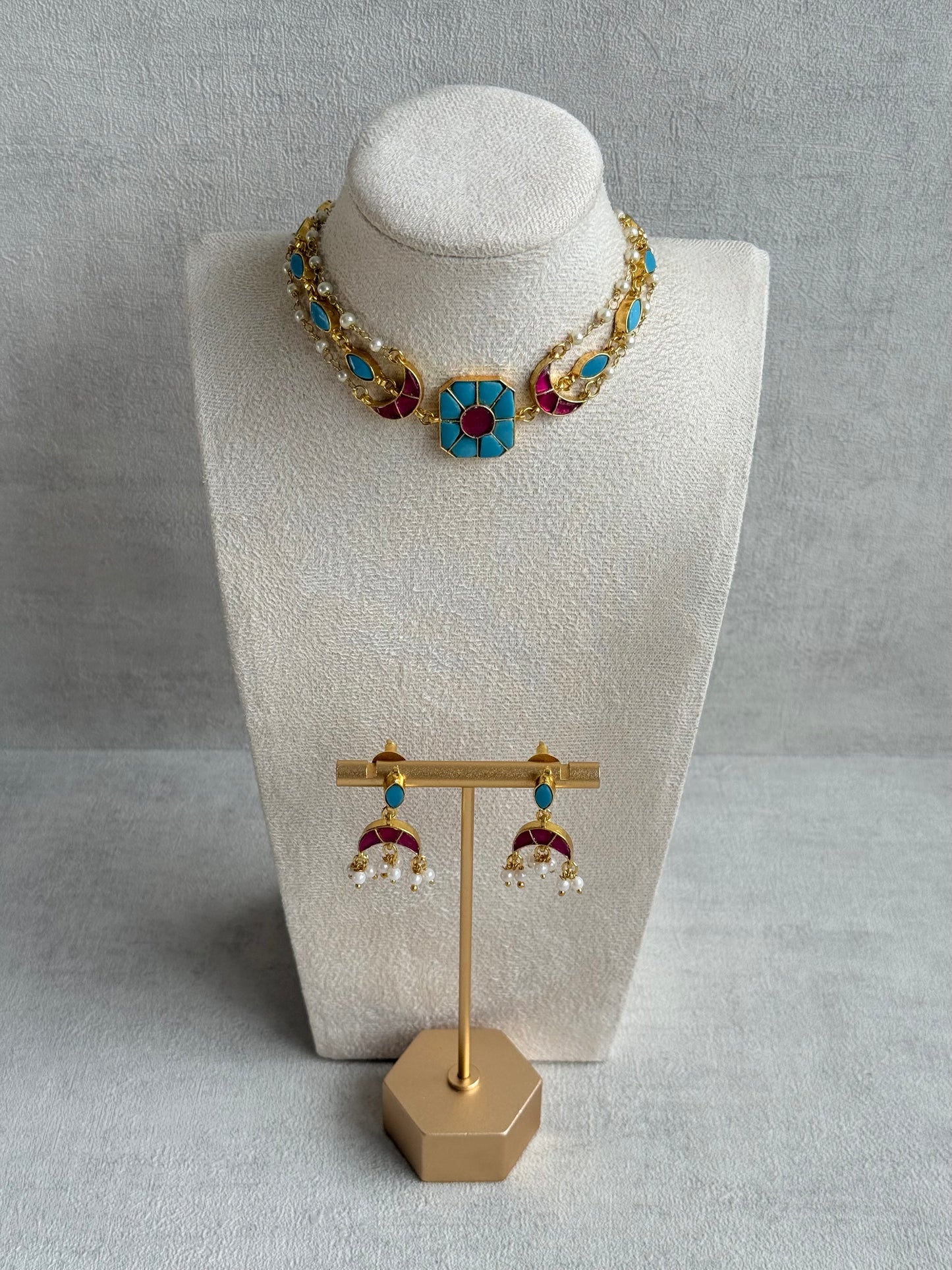 Ayura Designs Mahi Choker Set with Earrings – Meenakari Kundan Turquoise Blue & Hot Pink Detailing