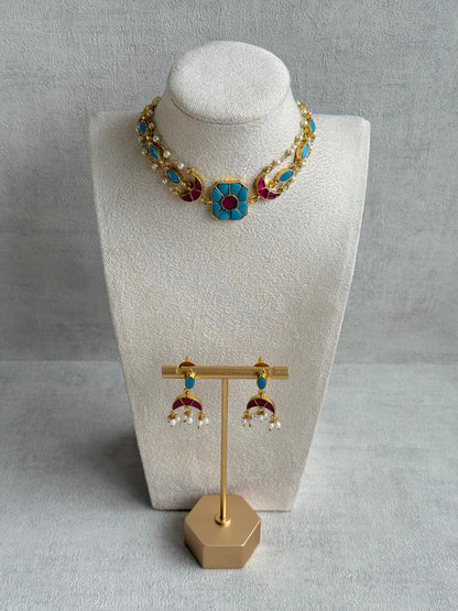 Ayura Designs Mahi Choker Set with Earrings – Meenakari Kundan Turquoise Blue & Hot Pink Detailing