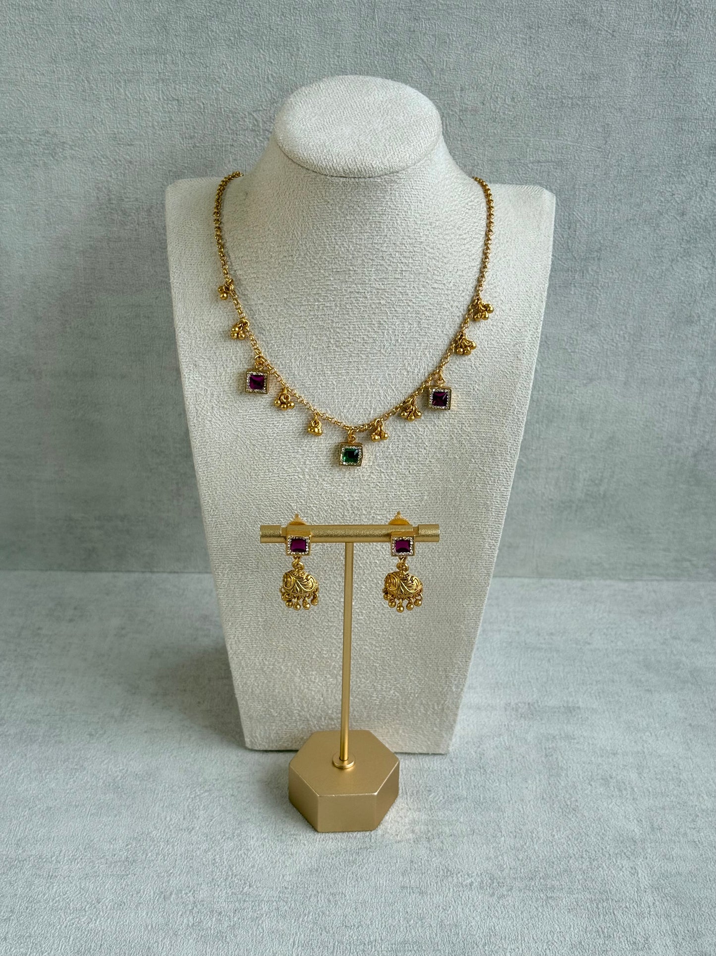 Ayura Designs Smita Set with Necklace & Earrings – Ruby Pink & Emerald Green Stones with Gold-Tone Ghungroo Detailing