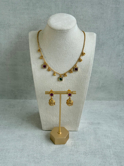 Ayura Designs Smita Set with Necklace & Earrings – Ruby Pink & Emerald Green Stones with Gold-Tone Ghungroo Detailing
