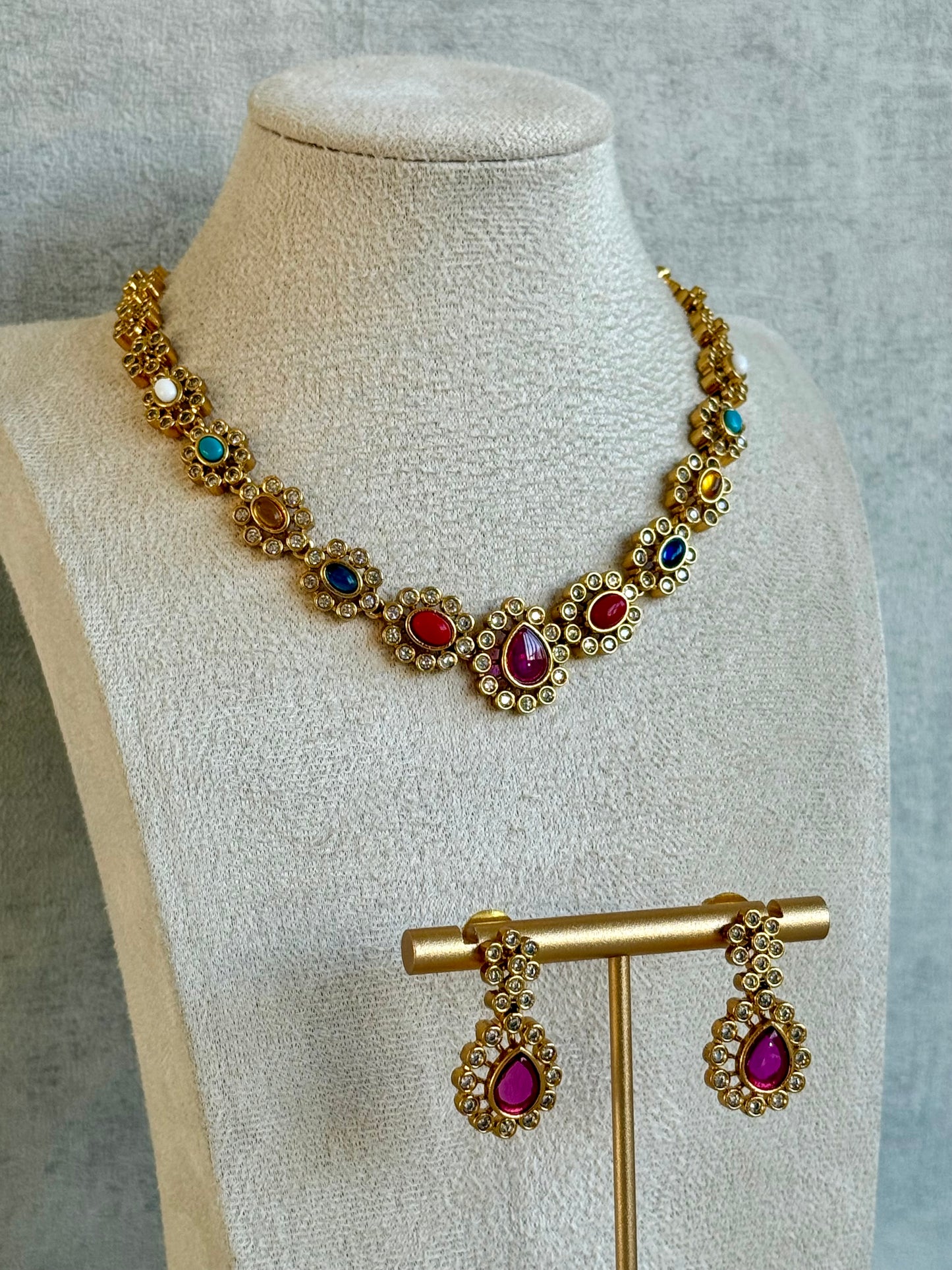 Ayura Designs Maanya Set with Earrings – Multicolour Stones with Rani Pink Centre & Crystal Detailing
