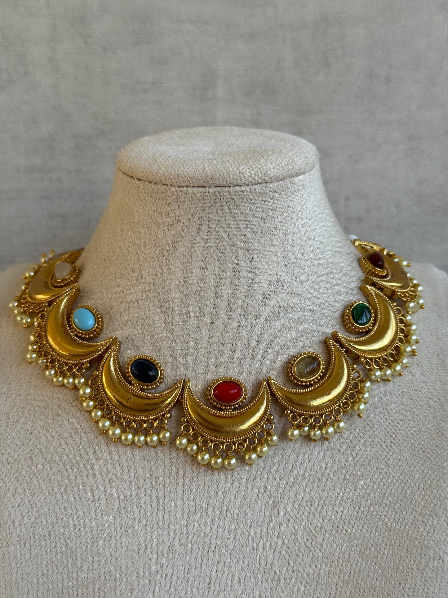 Ayura Designs Laksha Set with Earrings – Antique Gold Crescent Motifs, Multicolour Stones & Pearl Detailing