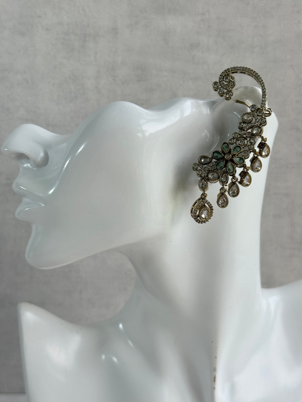 Ayura Designs Aksara Kaanphool Earrings – Mint Green Stones, Kundan, Crystals & Antique Gold Finish