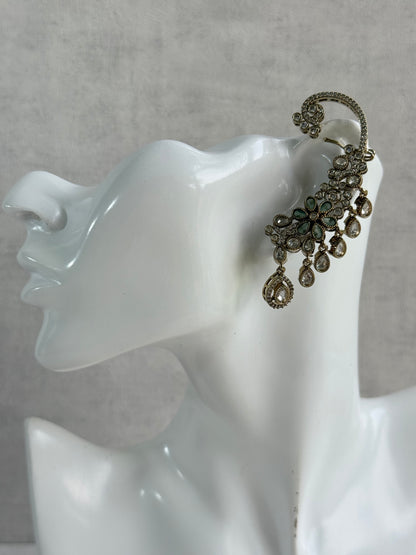 Ayura Designs Aksara Kaanphool Earrings – Mint Green Stones, Kundan, Crystals & Antique Gold Finish