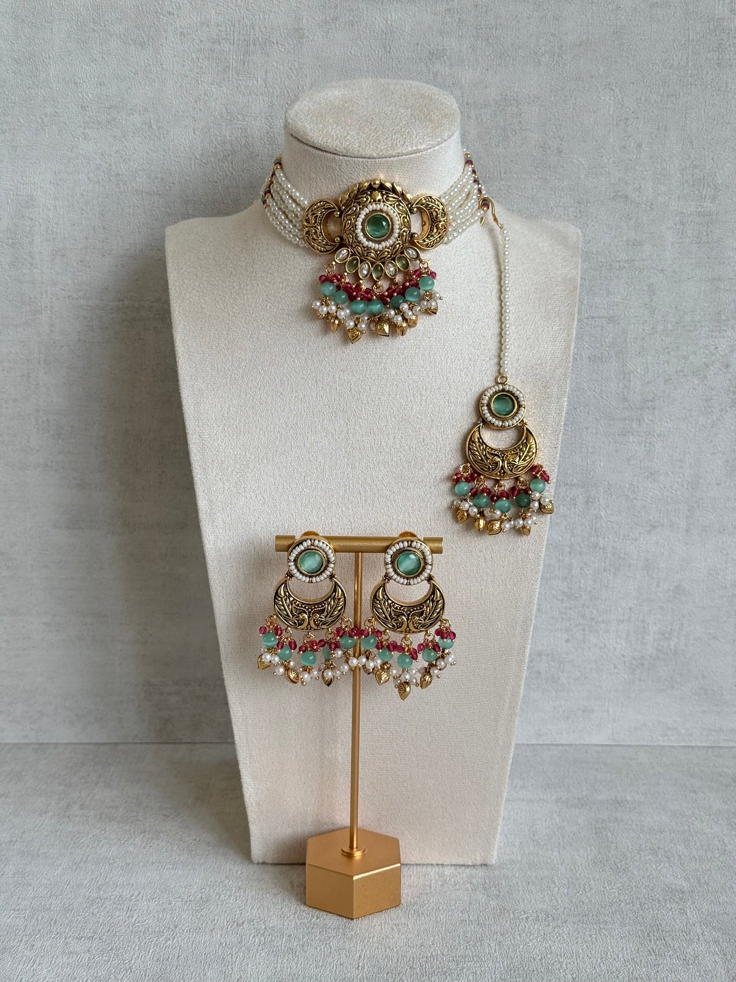 Ayura Designs Mehr Choker Set with Earrings & Tikka – Mint Green Stones, Ruby Pink Beads, Pearl Strands & Antique Gold Finish