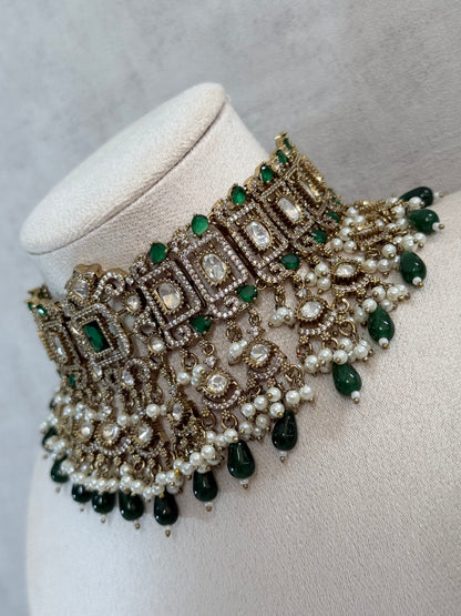 Ayura Designs Aisha Choker Set with Earrings & Tikka – Emerald Green Stones, Polki & Pearl Detailing