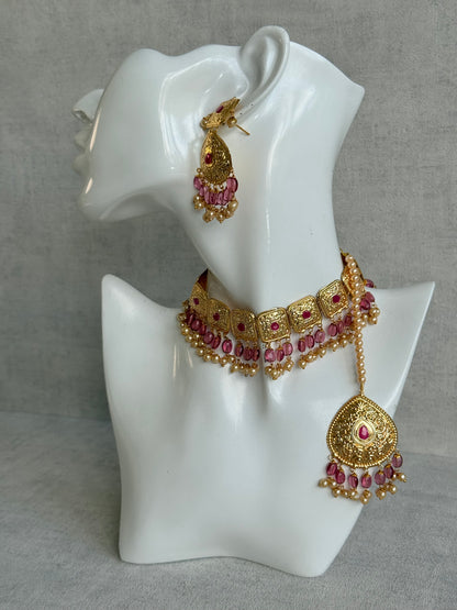 Ayura Designs Chetna Choker Set with Earrings & Tikka – Rani Pink Beads, Cream Pearl Drops with Pipal Patti Detailing