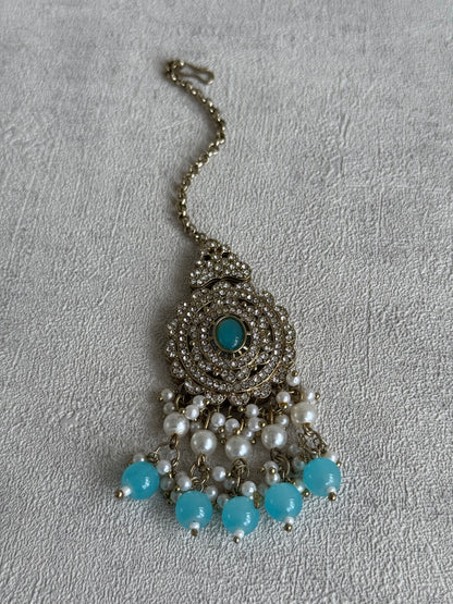 Ayura Designs Zoraiz Choker Set with Earrings & Tikka – Aqua Blue Beads, Pearls & Antique Silver Finish