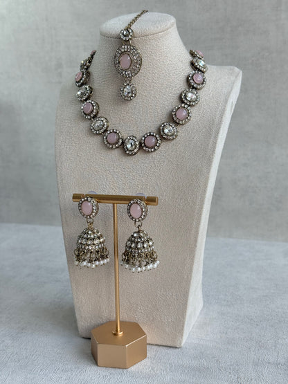 Ayura Designs Eira Necklace Set with Earrings & Tikka – Blush Pink & Crystal Stones with Antique Gold Finish