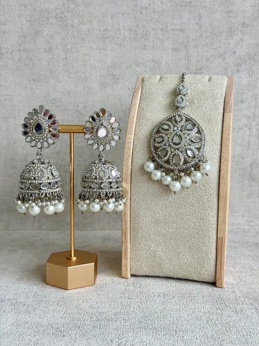 Ayura Designs Meeta Tikka Set with Jhumkis – Silver Mirror-Cut Detailing & Pearl Drops