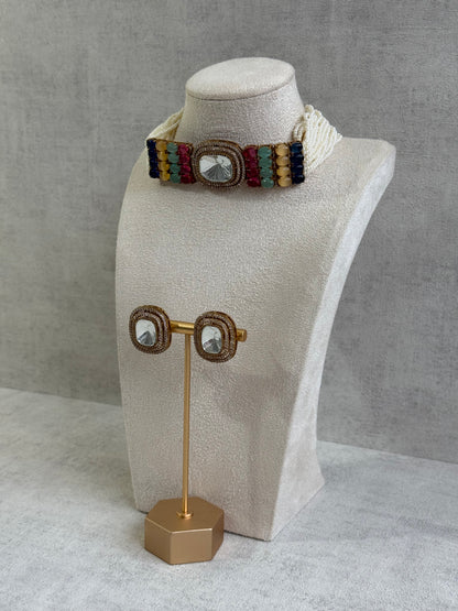 Ayura Designs Emma Choker Set – Multicolour Gemstone Choker & Studs with Mirror-Cut Centrepiece, Pearl Strands & Crystal Borders