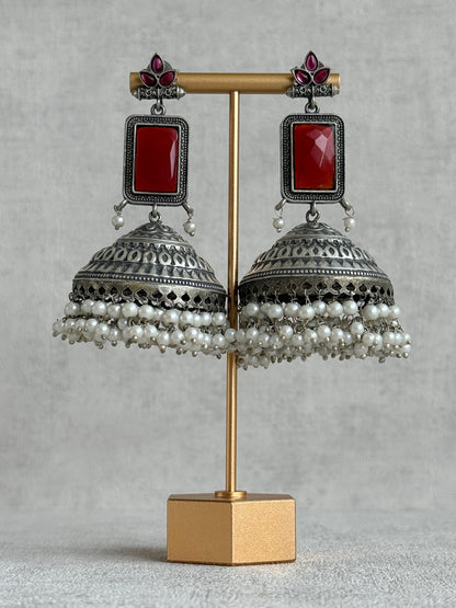 Ayura Designs Zeba Earrings – Oxidised Statement Jhumkis in Ruby Red & Pink Stones with Pearl Detailing