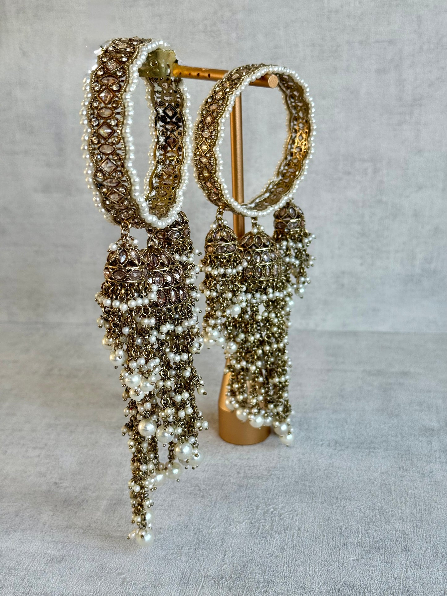 Ayura Designs Arsh Kangan – Pearl Studded Statement Bangles with Jhumki Tassels