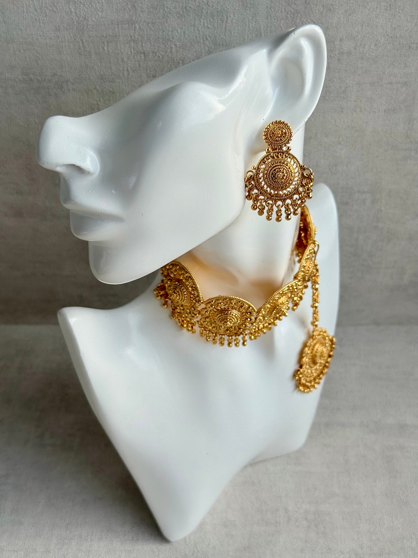 Ayura Designs Rami Choker Set with Earrings & Tikka – Antique Gold Medallions with Ghungroo Drops