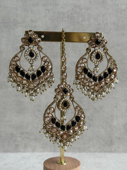 Ayura Designs Damini Tikka Set – Mirror-Cut Kundan Earrings & Tikka with Black Enamel and Pearl Detailing