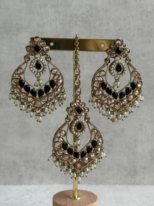 Ayura Designs Damini Tikka Set – Mirror-Cut Kundan Earrings & Tikka with Black Enamel and Pearl Detailing