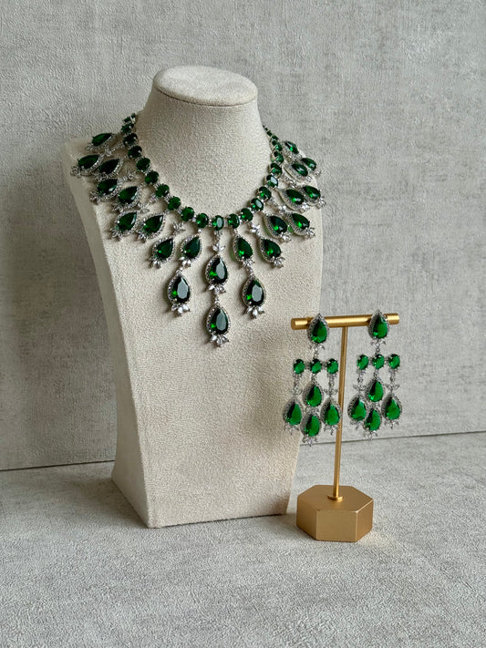 Ayura Designs Zarmina Necklace Set with Earrings – Emerald Green Teardrop Stones, Diamond-Cut Crystals & Rhodium Finish