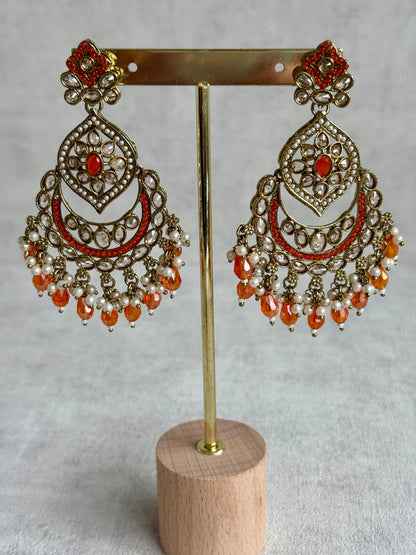 Ayura Designs Jazba Set with Necklace, Jhumkis & Tikka – Antique Gold, Mirror-Cut Stones, Pearl Detailing & Fiery Orange Beads