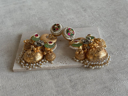 Ayura Designs Wajiha Earrings – Antique Gold Chandbalis with Meenakari Studs, Crescent Drops, Mint Enamel Petals & Layered Pearl Jhumkas