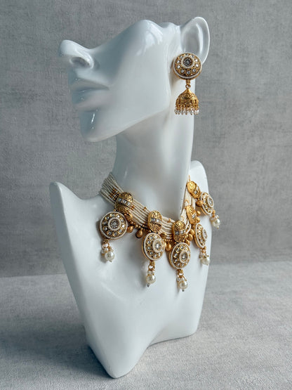 Ayura Designs Tabani Necklace Set with Jhumki Earrings – Kundan Medallion Design, Ivory Pearls & Antique Gold Finish