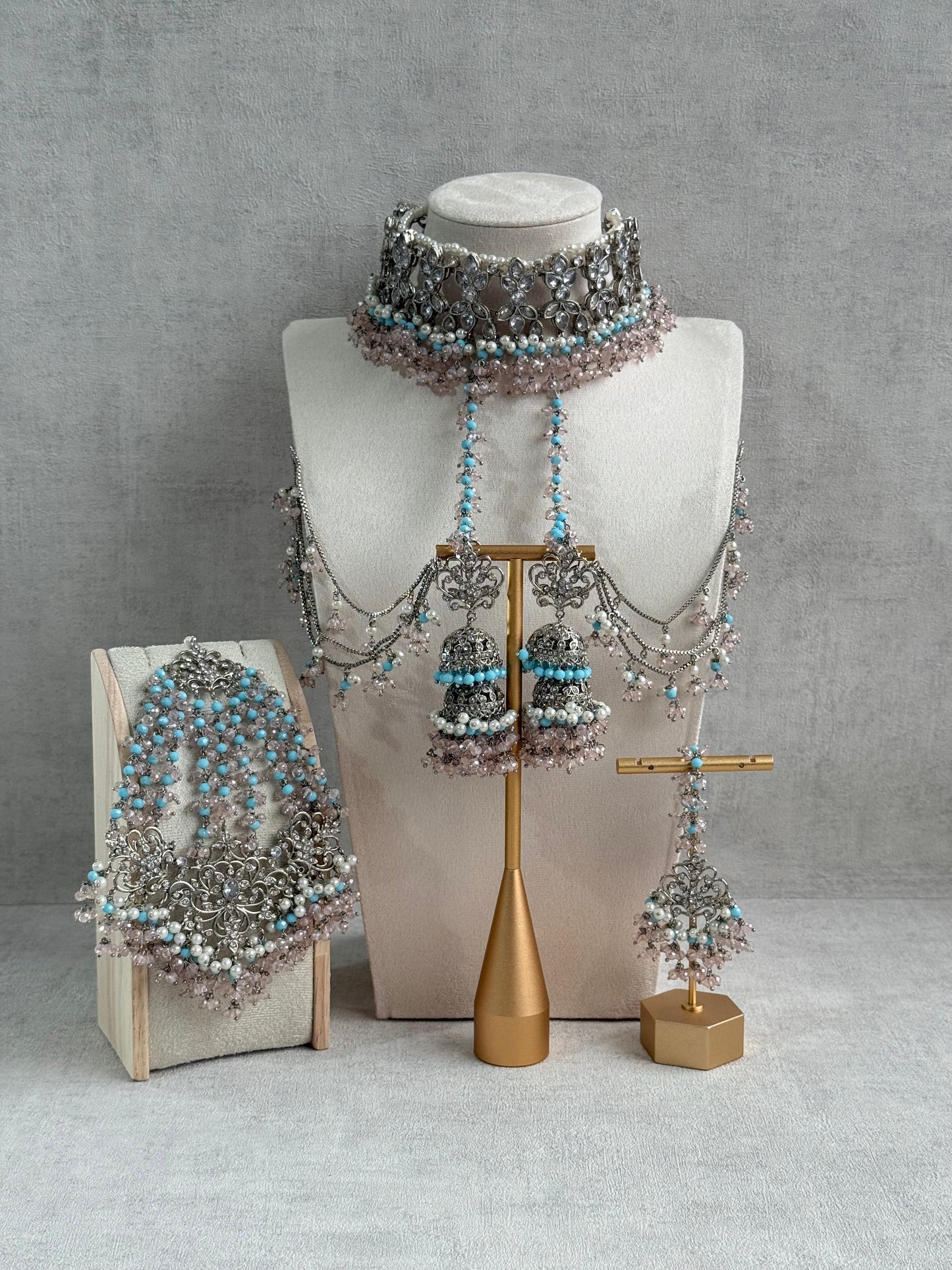 Ayura Designs Arasi Set with Choker, Passa, Tikka & Sahare Jhumkis – Antique Silver with Blush Pink Crystals, Aqua Blue Beads & Ivory Pearls
