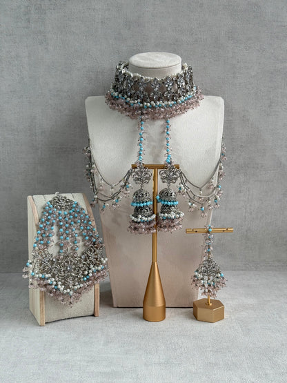 Ayura Designs Arasi Set with Choker, Passa, Tikka & Sahare Jhumkis – Antique Silver with Blush Pink Crystals, Aqua Blue Beads & Ivory Pearls