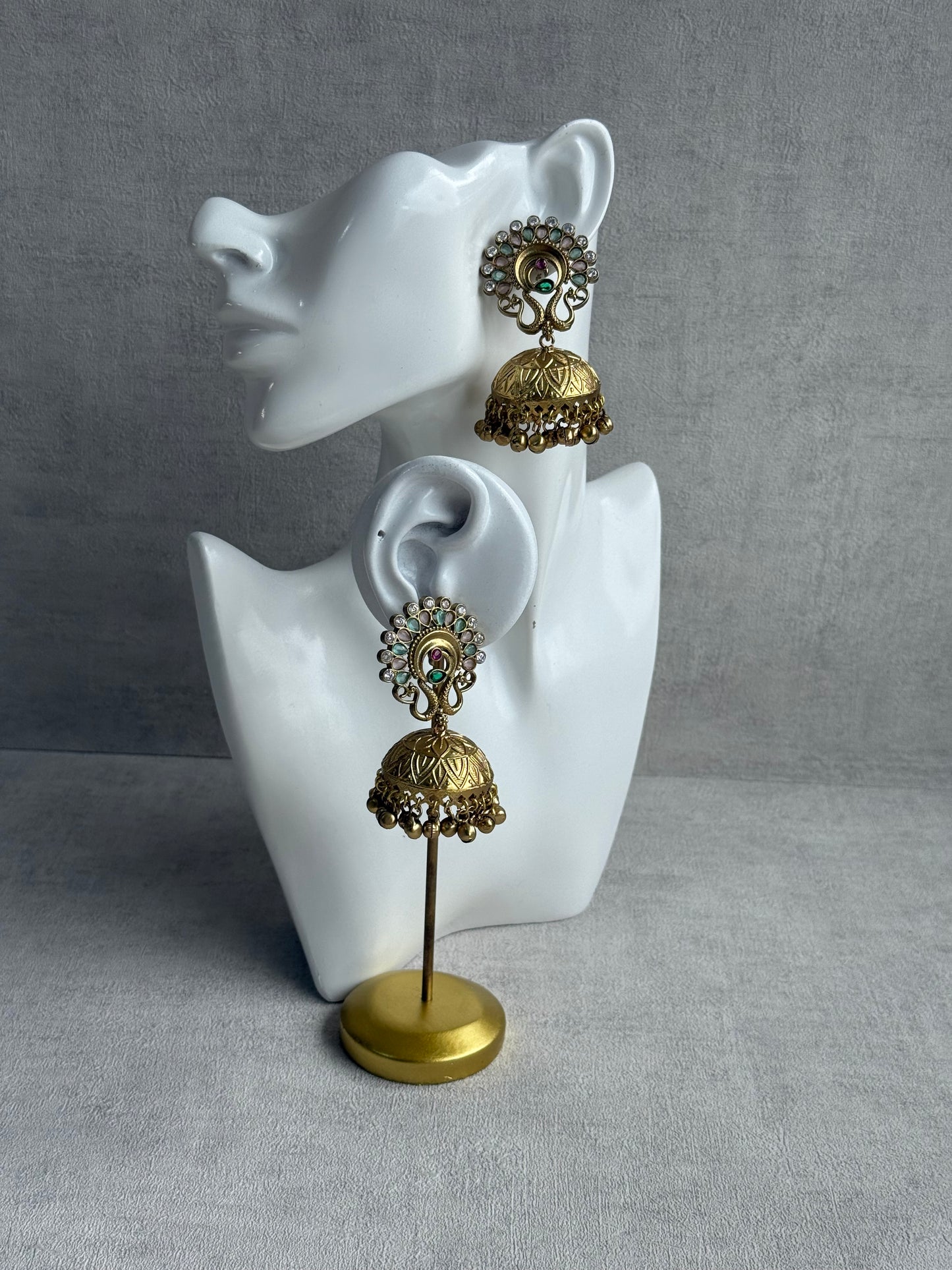 Ayura Designs Moraya Jhumkis – Mint Green & Blush Pink Peacock Motif with Antique Gold Detailing