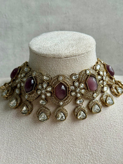 Ayura Designs Emanya Choker Set – Choker, Earrings & Tikka with Mirror-Cut Stones, Plum Mauve & Antique Gold Detailing