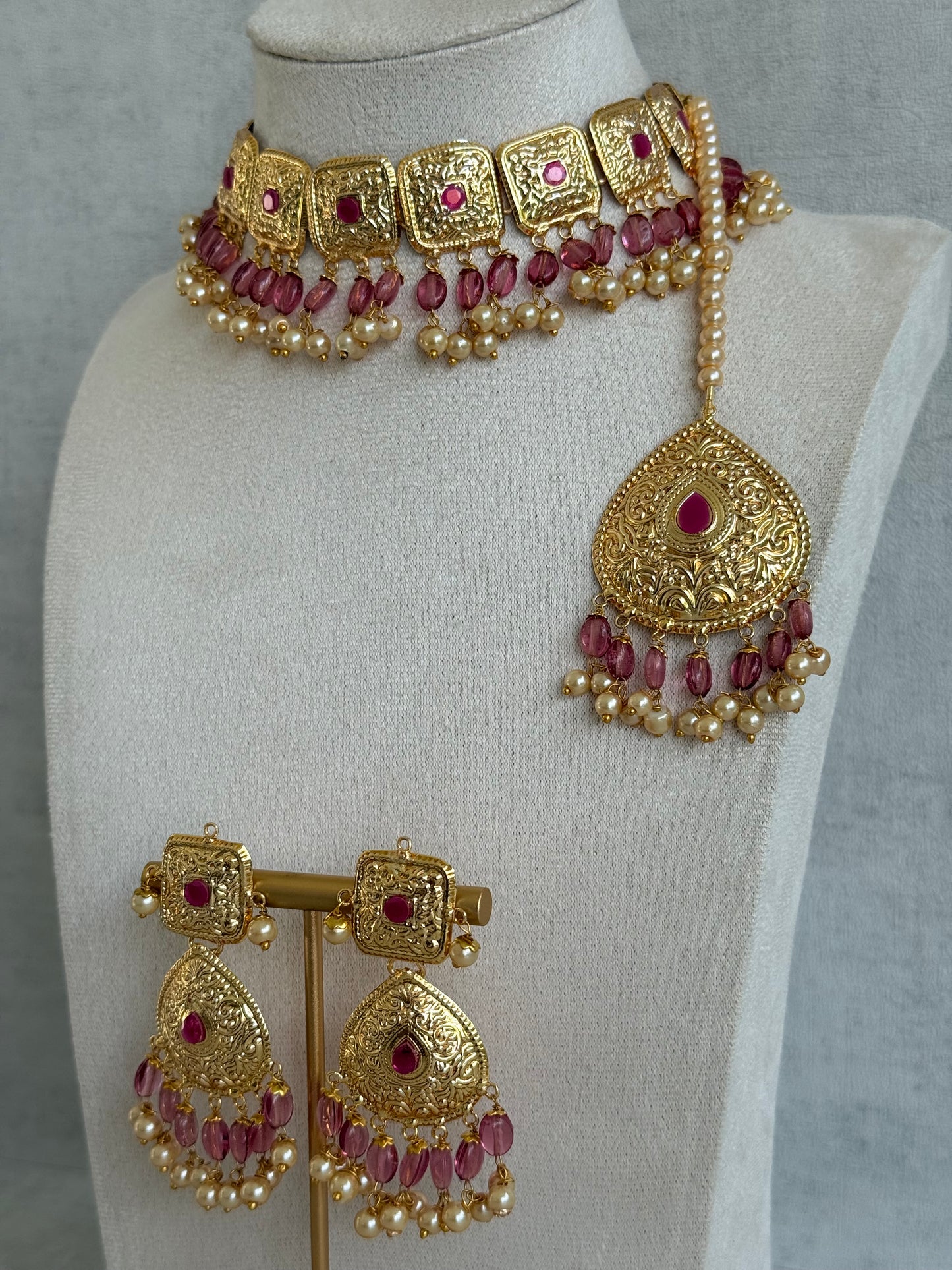 Ayura Designs Chetna Choker Set with Earrings & Tikka – Rani Pink Beads, Cream Pearl Drops with Pipal Patti Detailing