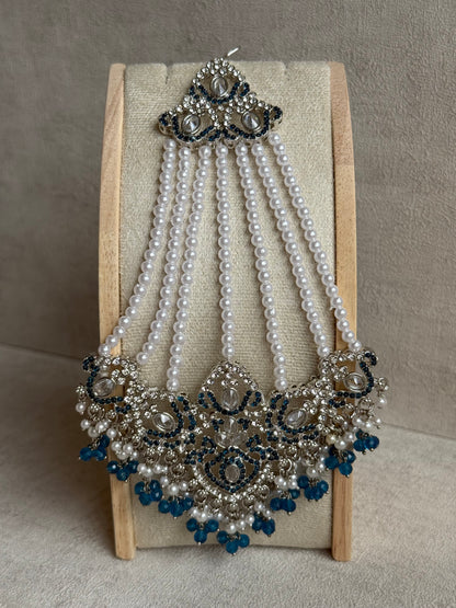 Ayura Designs Wania Set with Jhumkis, Tikka & Passa – Peacock Blue Beads, Mirror-Cut Stones & Antique Silver Finish