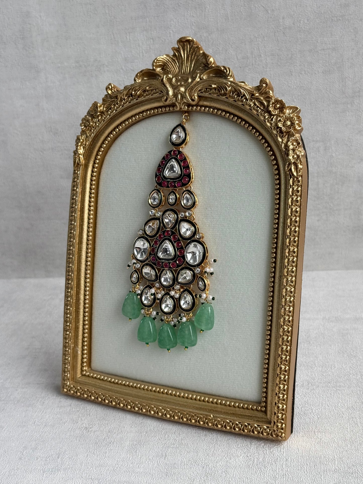 Ayura Designs Salma Jhoomar Passa – Jade Green Drops with Kundan Stones & Antique Gold Finish