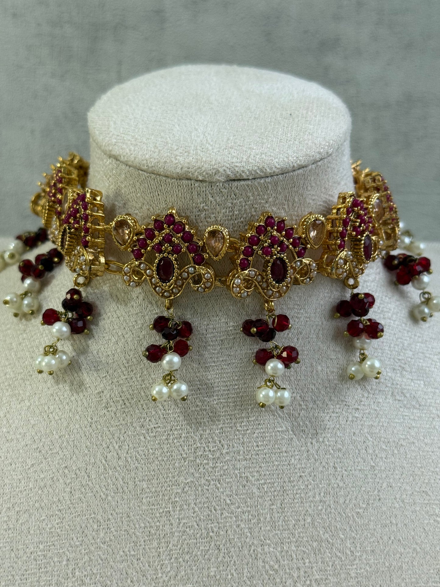 Ayura Designs Noor Set – Choker, Jhumkis with Sahare & Tikka in Maroon with Pearl Detailing