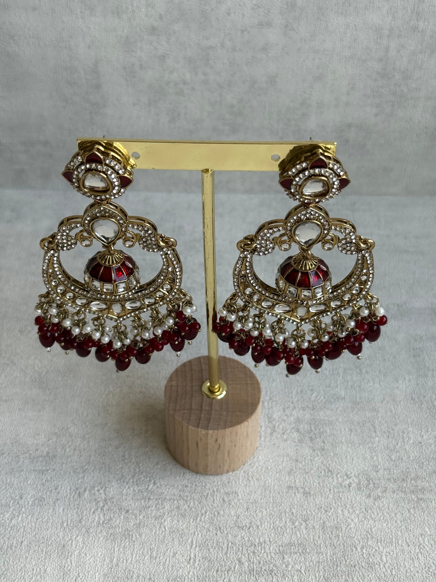 Ayura Designs Reha Earrings – Statement Chandbalis with Maroon Beads, Pearls & Mirror-Cut Stones