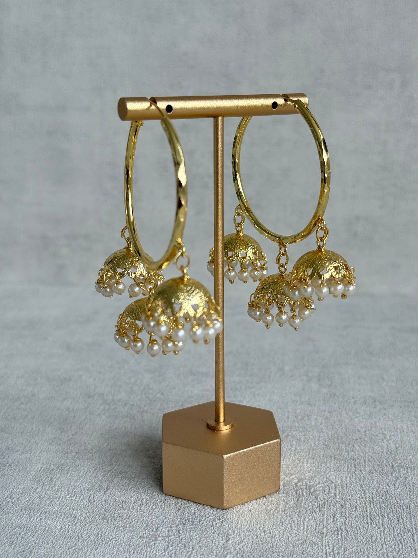 Ayura Designs Anam Balis – Gold Triple Jhumki Hoop Earrings with Pearl Drops
