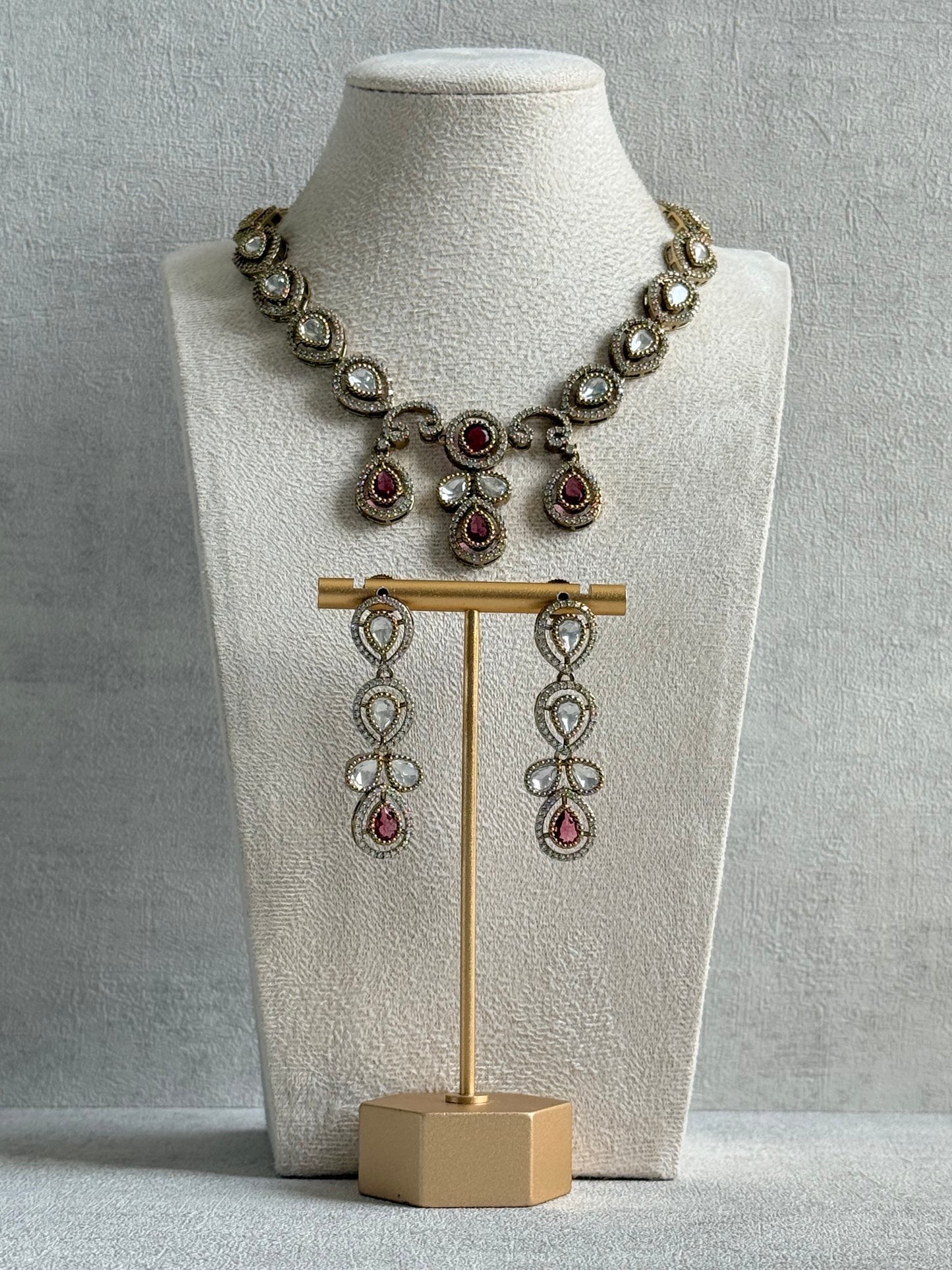 Ayura Designs Bianca Necklace Set with Earrings – Kundan, Ruby Pink Stones, Crystals & Gold Finish