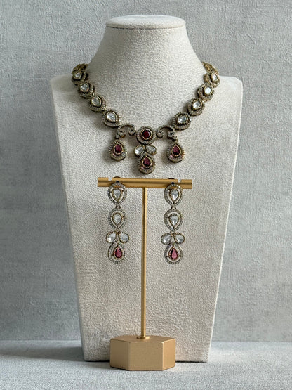 Ayura Designs Bianca Necklace Set with Earrings – Kundan, Ruby Pink Stones, Crystals & Gold Finish