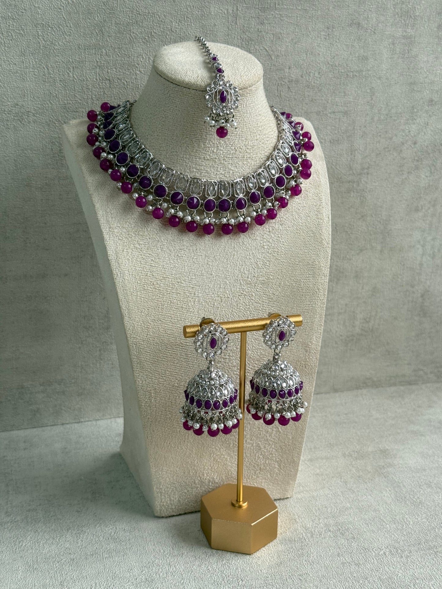 Ayura Designs Rayal Set – Silver Necklace, Jhumkis & Tikka with Amethyst Purple Stones & Pearl Detailing