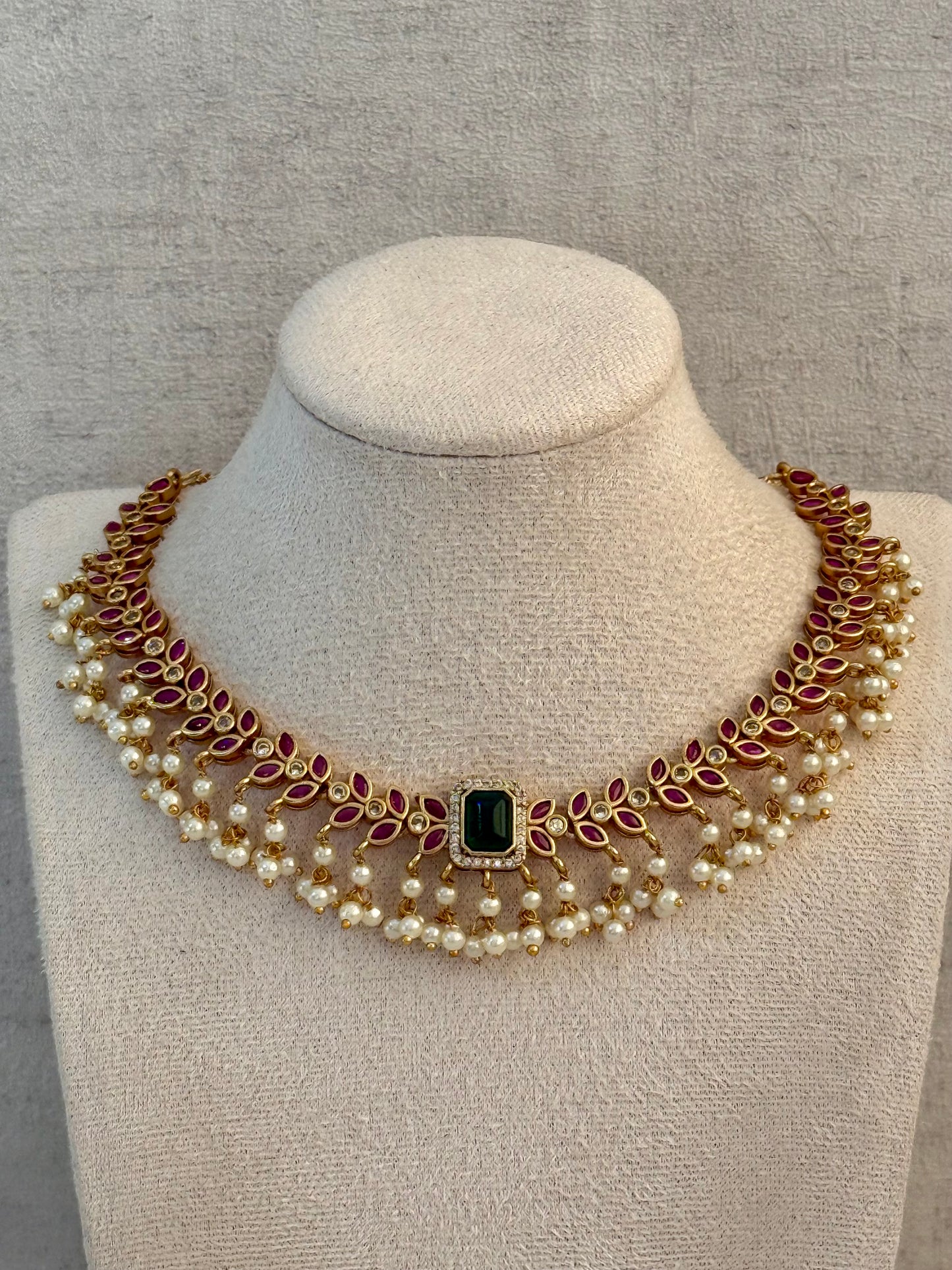 Ayura Designs Chahat Set – Necklace & Earrings with Rani Pink Meenakari, Kundan Stones, Emerald Accents & Pearl Detailing