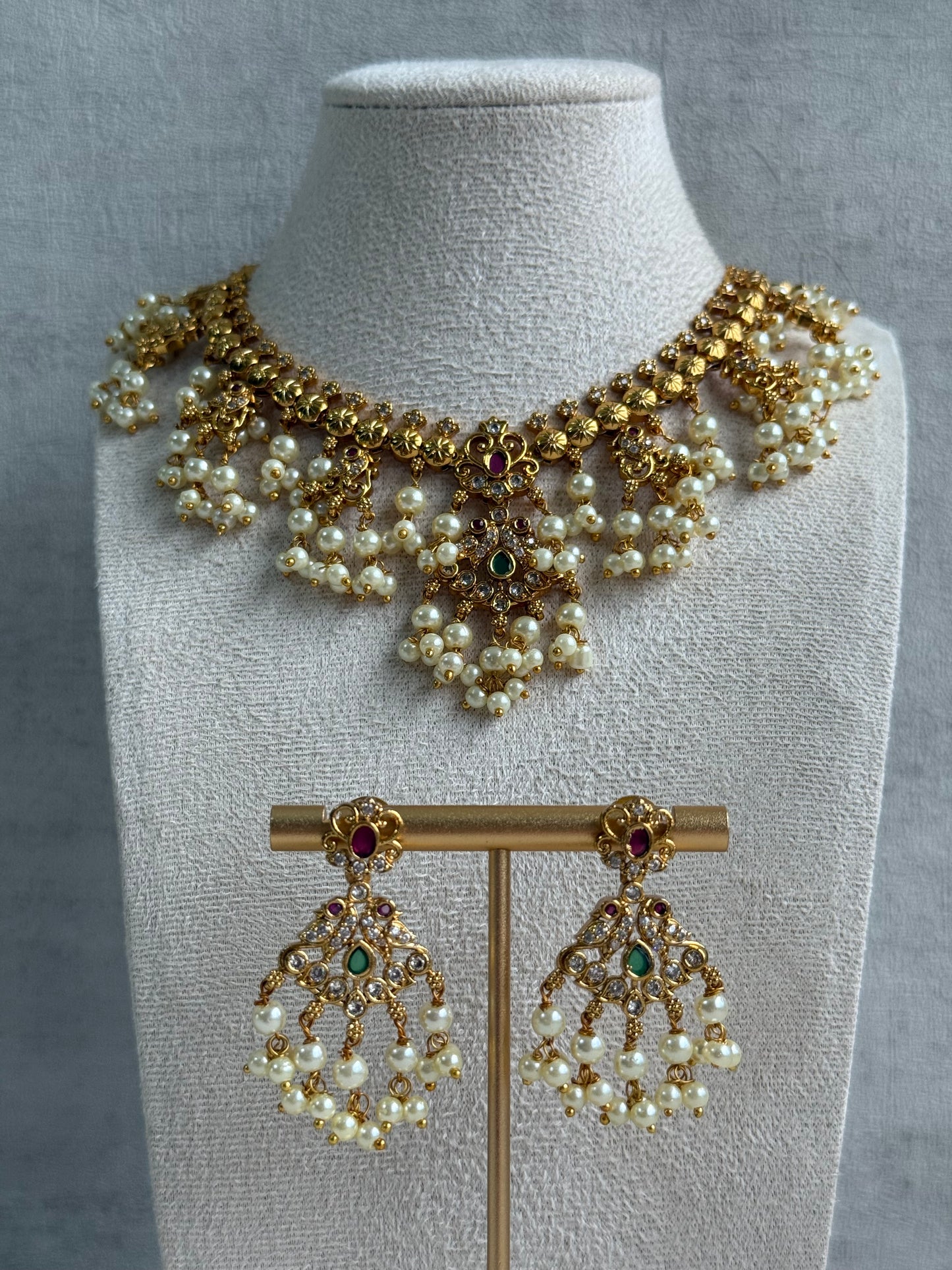 Ayura Designs Tanvi Set – Antique Gold Necklace & Earrings with Kundan, Ruby, Emerald & Pearl Detailing