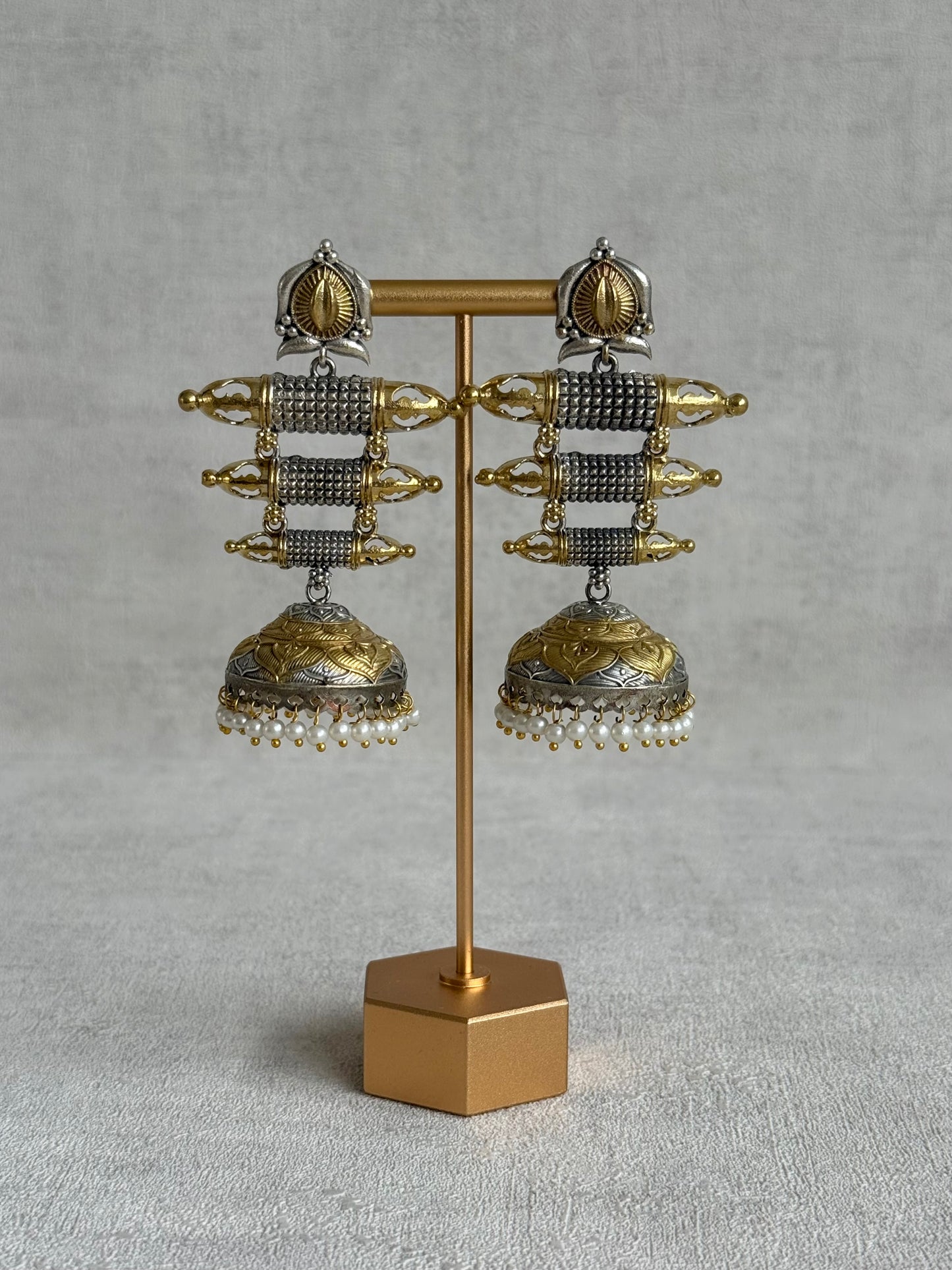 Ayura Designs Tehzeeb Earrings – Dual Tone Oxidised Statement Jhumkis with Pearl Detailing