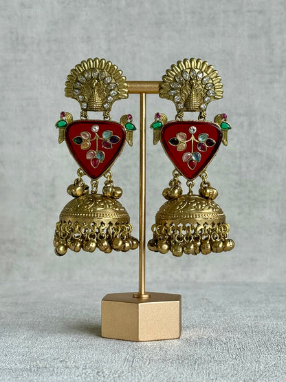 Ayura Designs Makali Earrings – Crimson Red Enamel with Multicolour Stones & Antique Gold Jhumkis