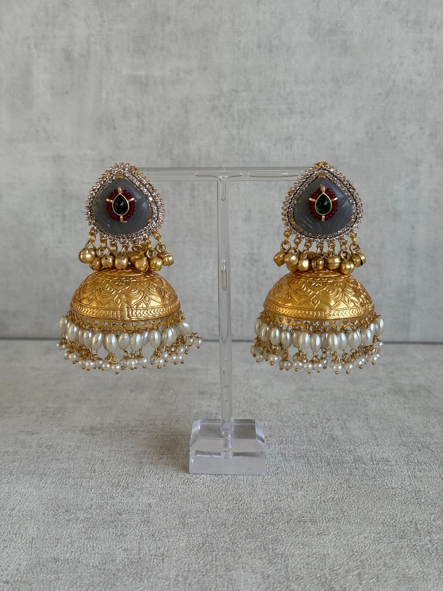 Ayura Designs Ziva Jhumkis – Handcrafted in Antique-Finish Brass with Grey Enamel Studs, Green Stone Detail & Pearl Clusters