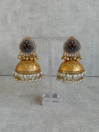 Ayura Designs Ziva Jhumkis – Handcrafted in Antique-Finish Brass with Grey Enamel Studs, Green Stone Detail & Pearl Clusters