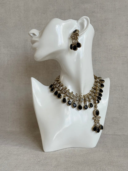Ayura Designs Ava Necklace Set with Earrings & Tikka – Black Stone & Mirror-Cut Necklace Set in Antique Gold Finish