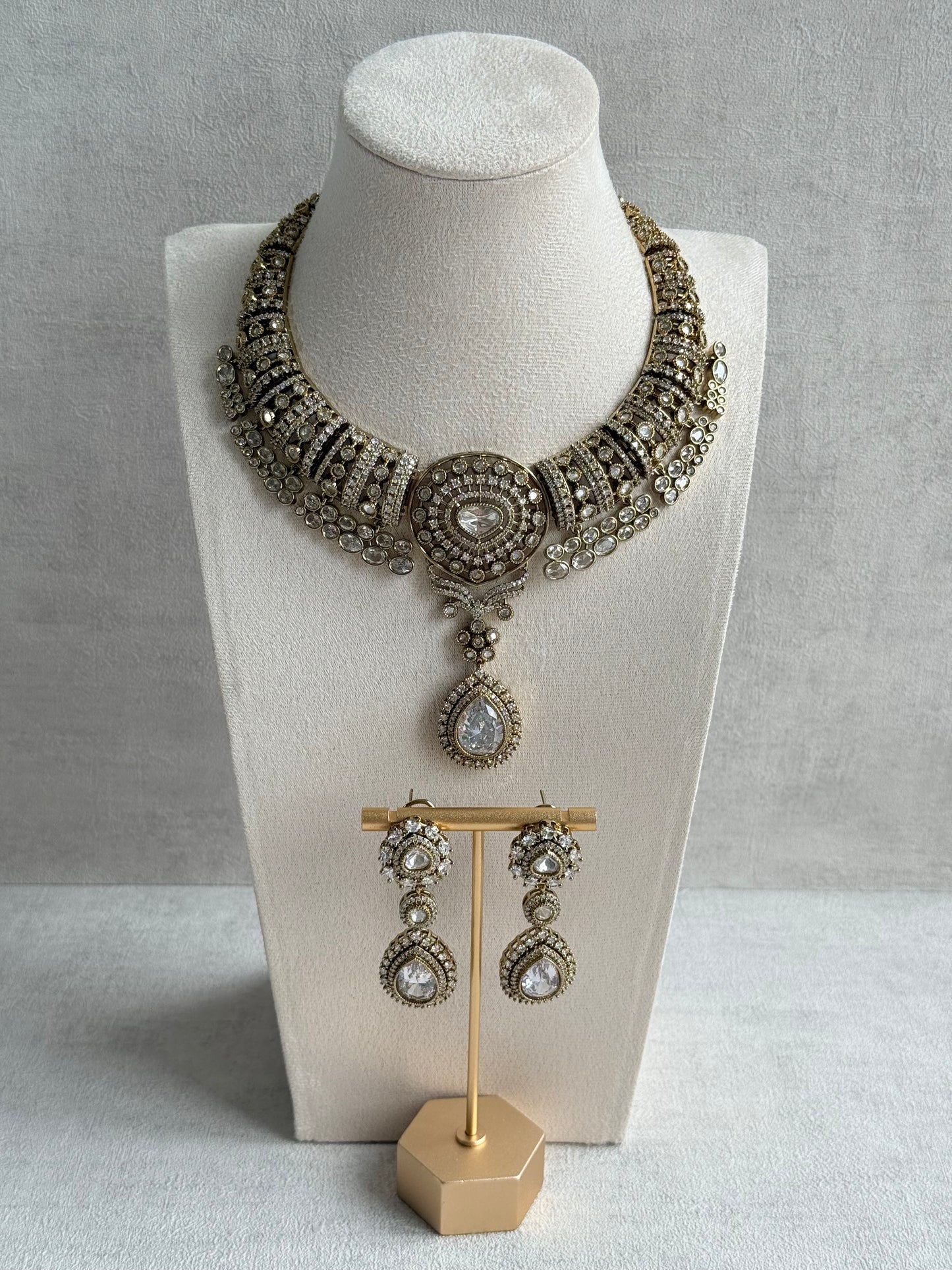 Ayura Designs Ahana Necklace Set with Earrings – Crystal Teardrop Stones & Moissanite Detailing