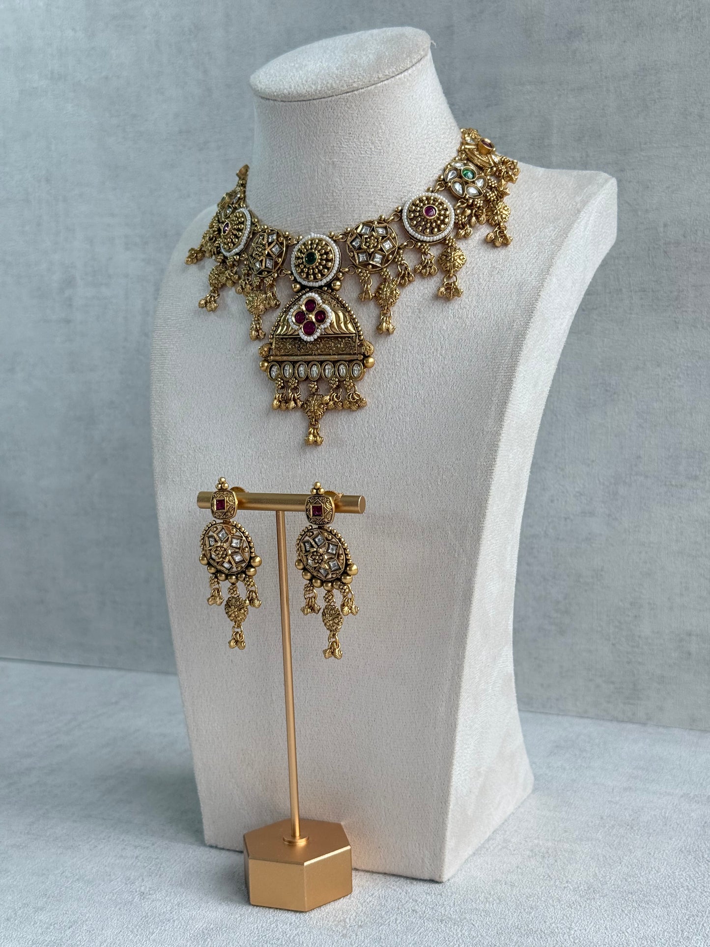 Ayura Designs Kriti Necklace Set with Earrings – Antique Gold Multicolour Kundan Design with Pearls & Ghungroo Detailing